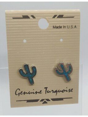 Vtg New on Card Made in USA Genuine Turquoise Cactus Earrings Silver Tone NOS